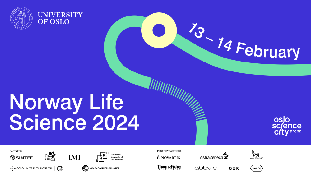 The logo for Norway Life Science 2024, and the logos of the partners Oslo Science City, Oslo University Hospital, NMBU – Norwegian University of Life Sciences, SINTEF, Association of the Pharmaceutical Industry in Norway, Oslo Cancer Cluster and The Life Science Cluster. Also the logos for the industry partners: Novartis, ThermoFisher, Roche, Novo Nordisk, Abbvie, GSK and AstraZeneca 