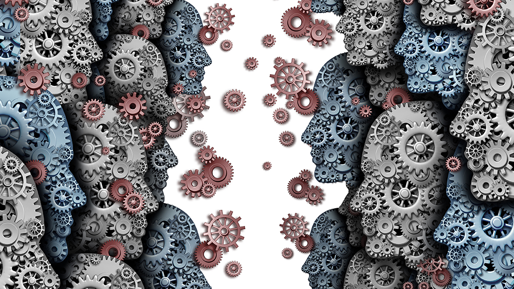 Several gears shaped like face profiles.Illustration.