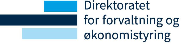 Logoen til Direktoratet for forvaltning og økonomistyring med tre striper i blått, mørkeblått og lyseblått.