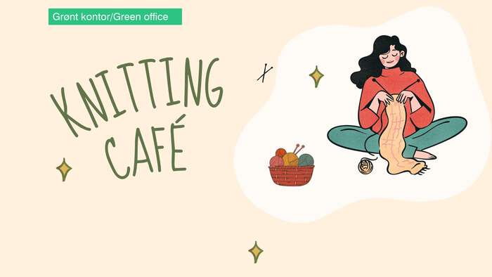 Drawing of a female knitting. Text next to her is "Knitting Cafe".
