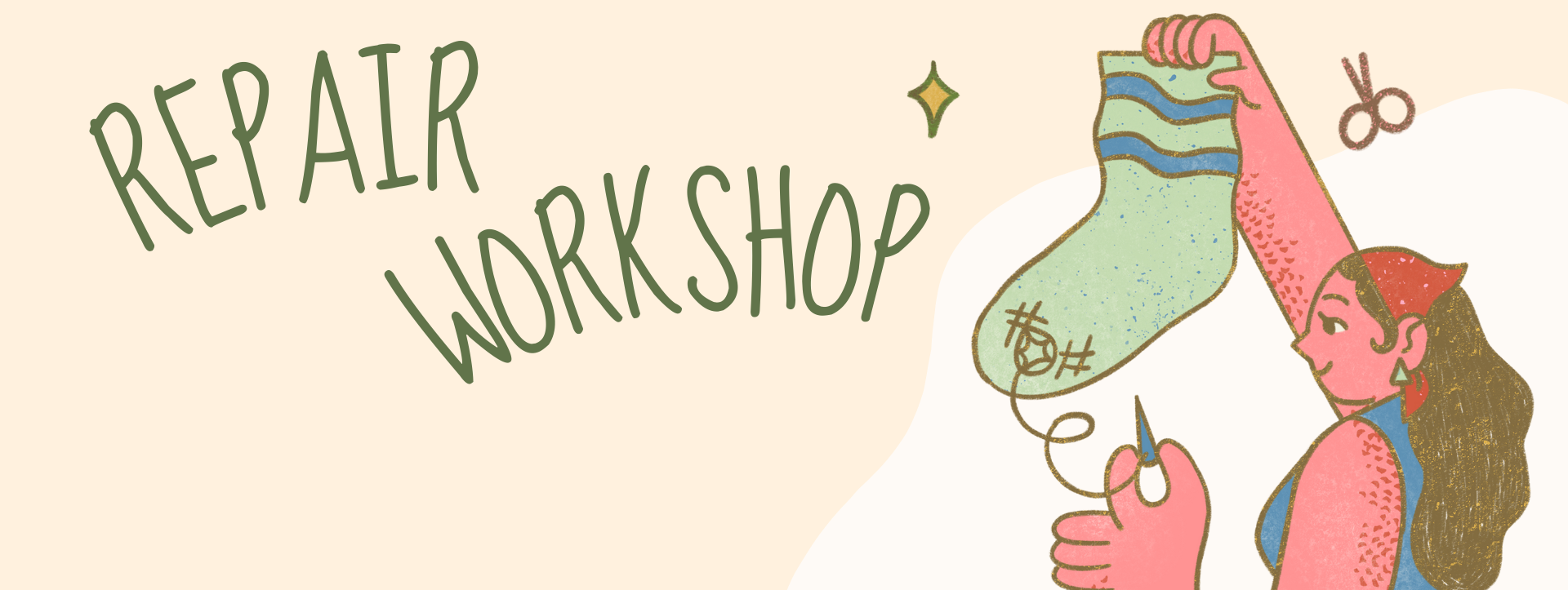Drawing of a female sowing a green wollen sock. Text next to her is "Repair Workshop".