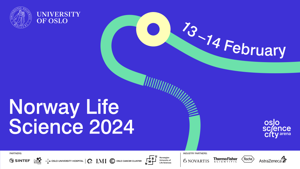 The logo for Norway Life Science 2024, and the logos of the partners Oslo Science City, Oslo University Hospital, NMBU - Norwegian University of Life Sciences, SINTEF, Association of the Pharmaceutical Industry in Norway, Oslo Cancer Cluster and The Life Science Cluster. Also the logos for the industry partners: Novartis, ThermoFisher, Roche and AstraZeneca 