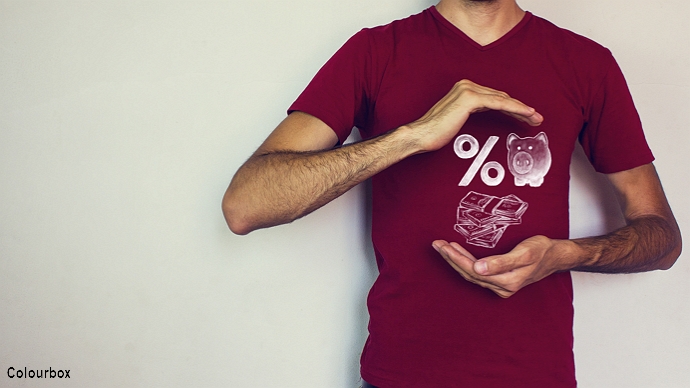 Torso of man in red T-shirt showing mathematical symbols; illustration photo: colourbox.com