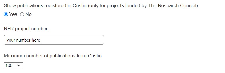 Screenshot of checkbox to display publications in Cristin