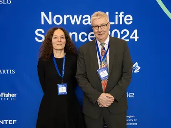 Camilla Stoltenberg, CEO Norce, moderated the session &quot;Nordic perspectives on health data&quot;, here together with keynote speaker Andrew Morris who is&amp;#160;Director of Health Data Research in UK.