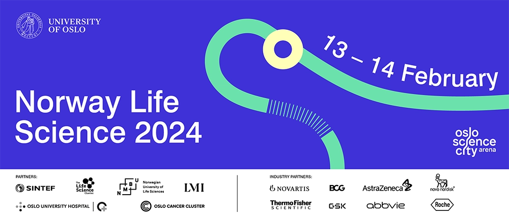 Banner with "Norway Life Science 2024" and 13-14 February in print on blue background