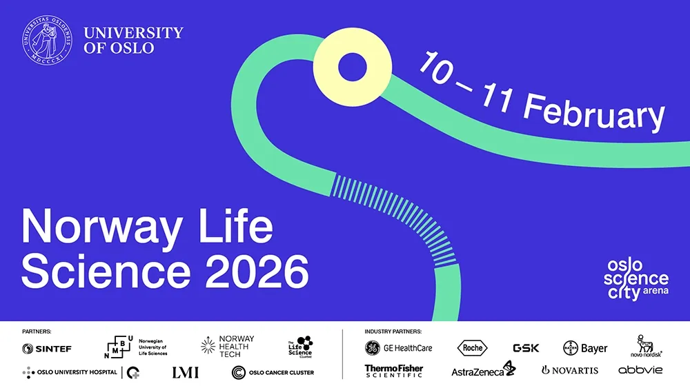 Banner with "Norway Life Science 2026" and 10-11 February in print on blue background