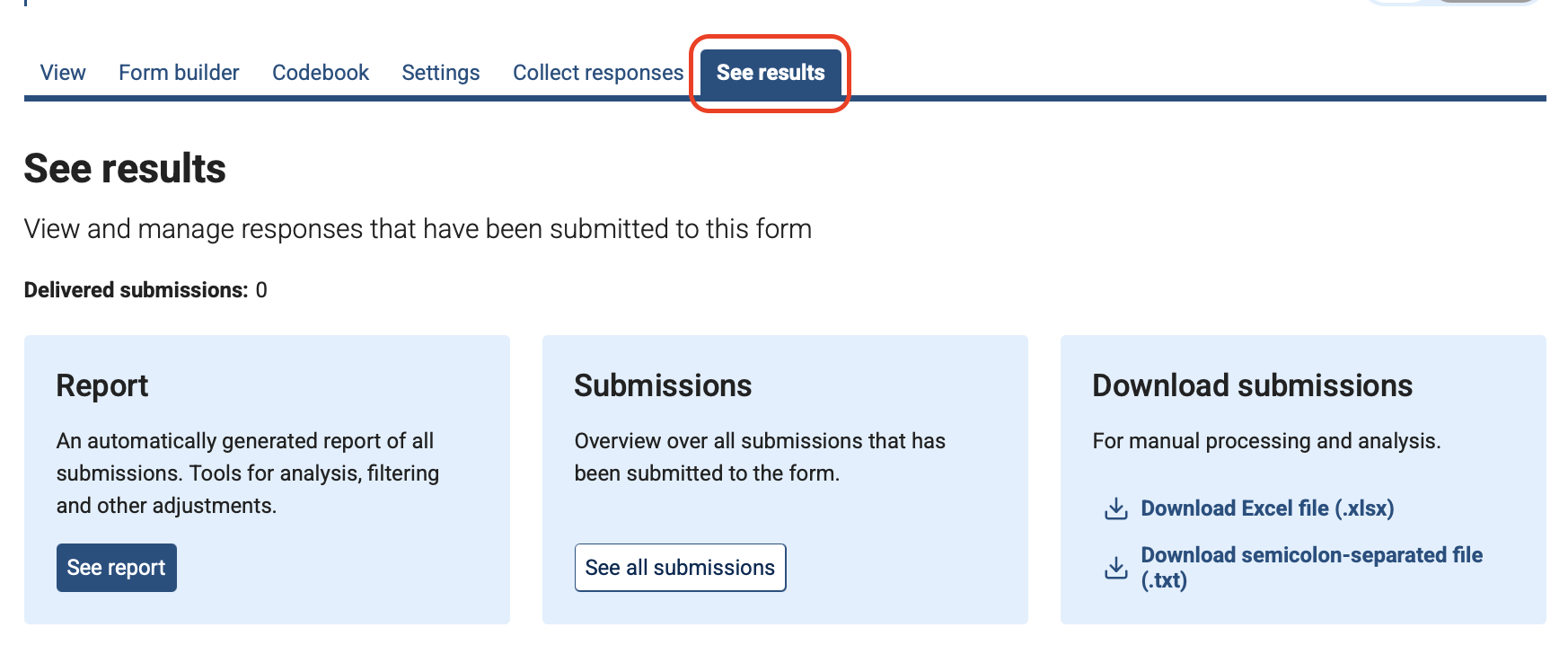 Nettskjema interface with a red circle around "View results"