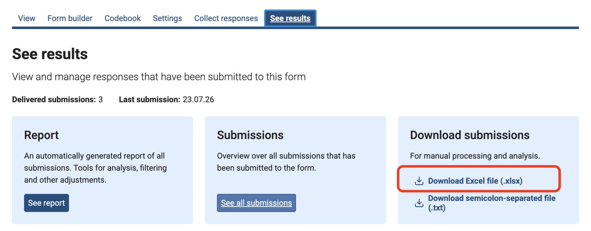Nettskjema interface with a red circle around "Download Excel file"