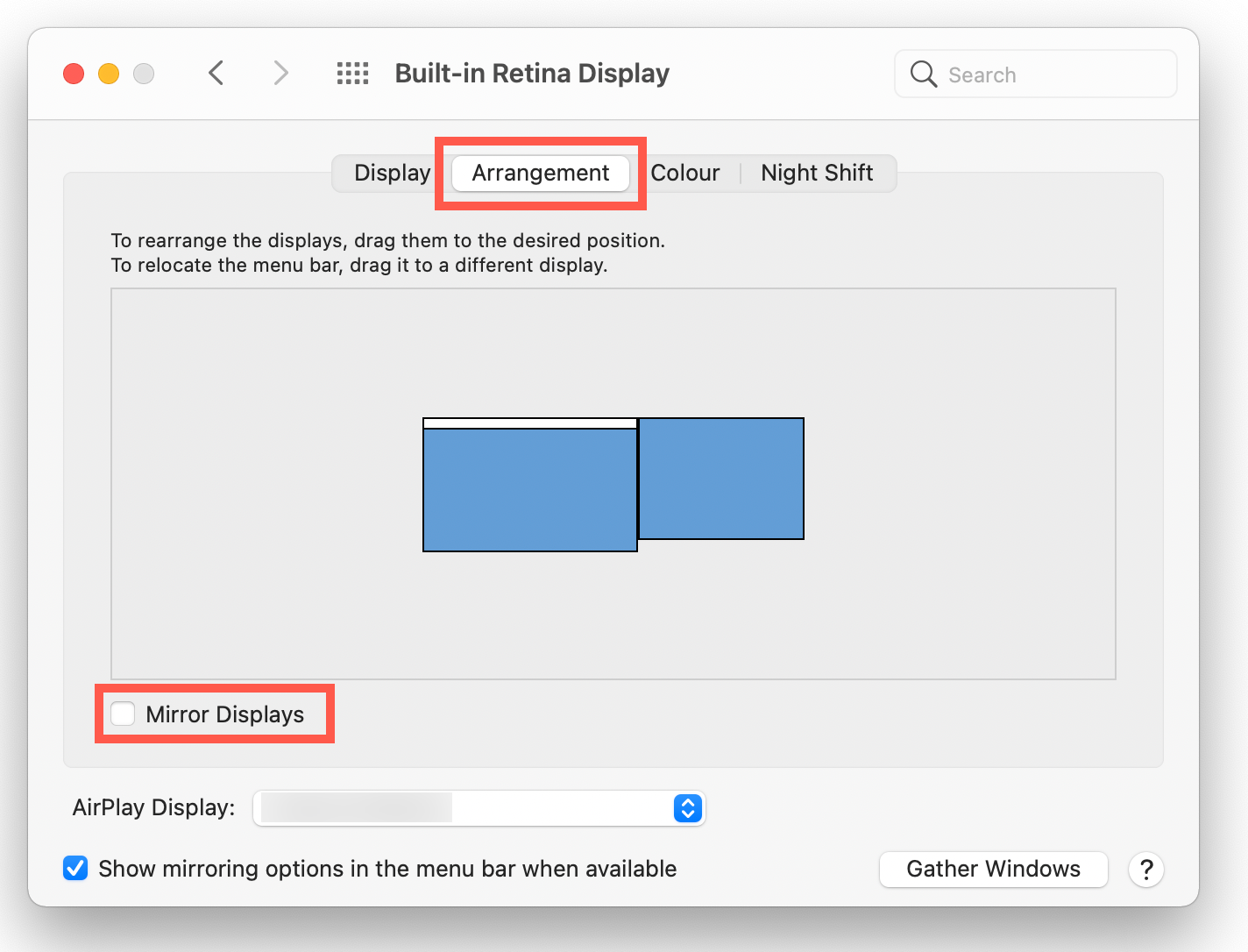 Screenshot of Arrangement tab in Displays