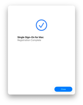 Screenshot of Single Sign-On process finished with registration complete and the button "Close".