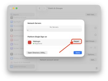 Screenshot of Network Servers settings, highlighting the "Repair" button of the Weblogin item