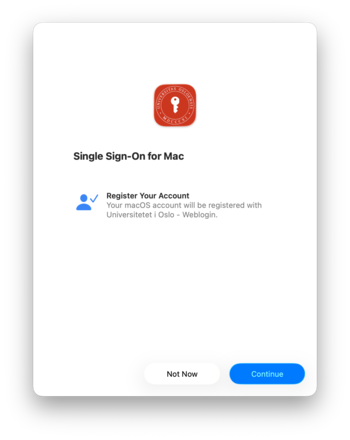 Screenshot of Single Sign-On for Mac registration page, with buttons "Not Now" and "Continue"