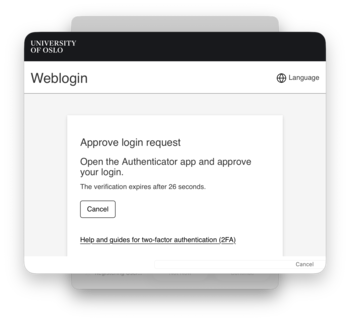 Screenshot of the Weblogin 2FA workflow where it asks to approve the login request using the authenticator app. There is only one button, "Cancel" (and a link for documentation)