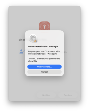 Screenshot of authentication window for registering macOS account with Weblogin. There are two buttons, "Use password..." and below "Cancel". A fingerprint icon hints that Touch ID is a third option.