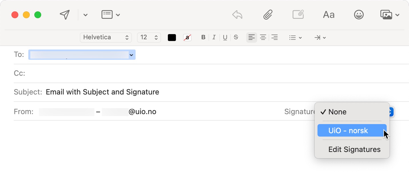 Screenshot of pop down menu for choosing signature