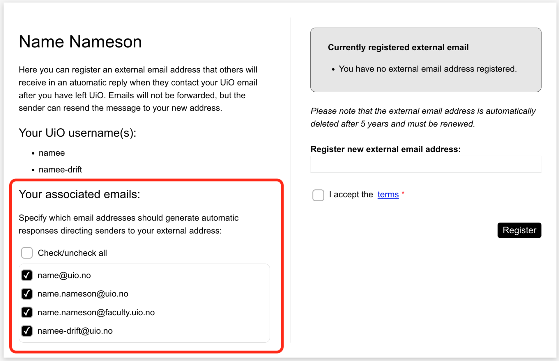 Screenshot from viderekontakt.uio.no. Red circle around the associated email addresses of the logged-in user.