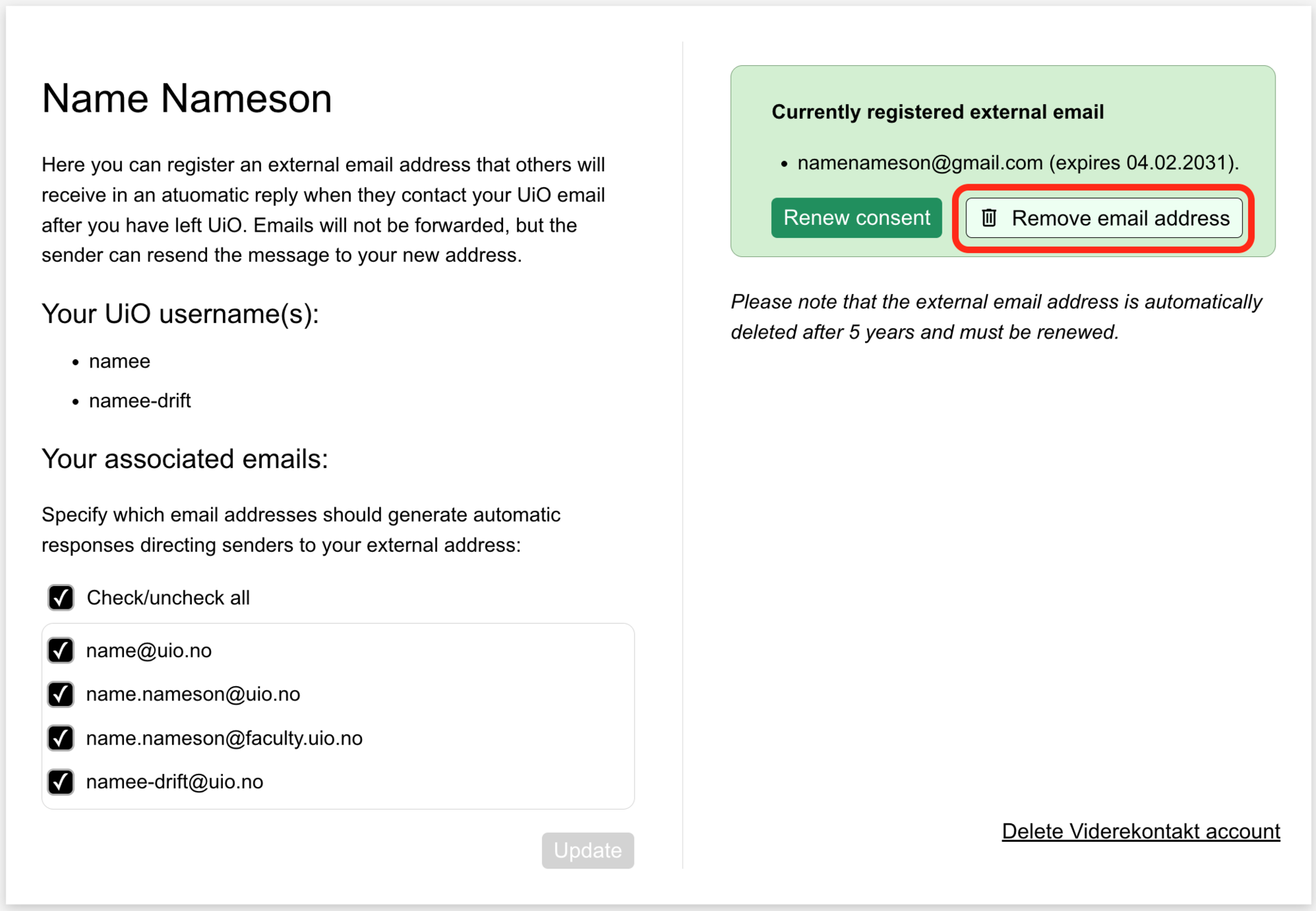 Screenshot from Viderekontakt.uio.no. Red circle around "Remove email address".