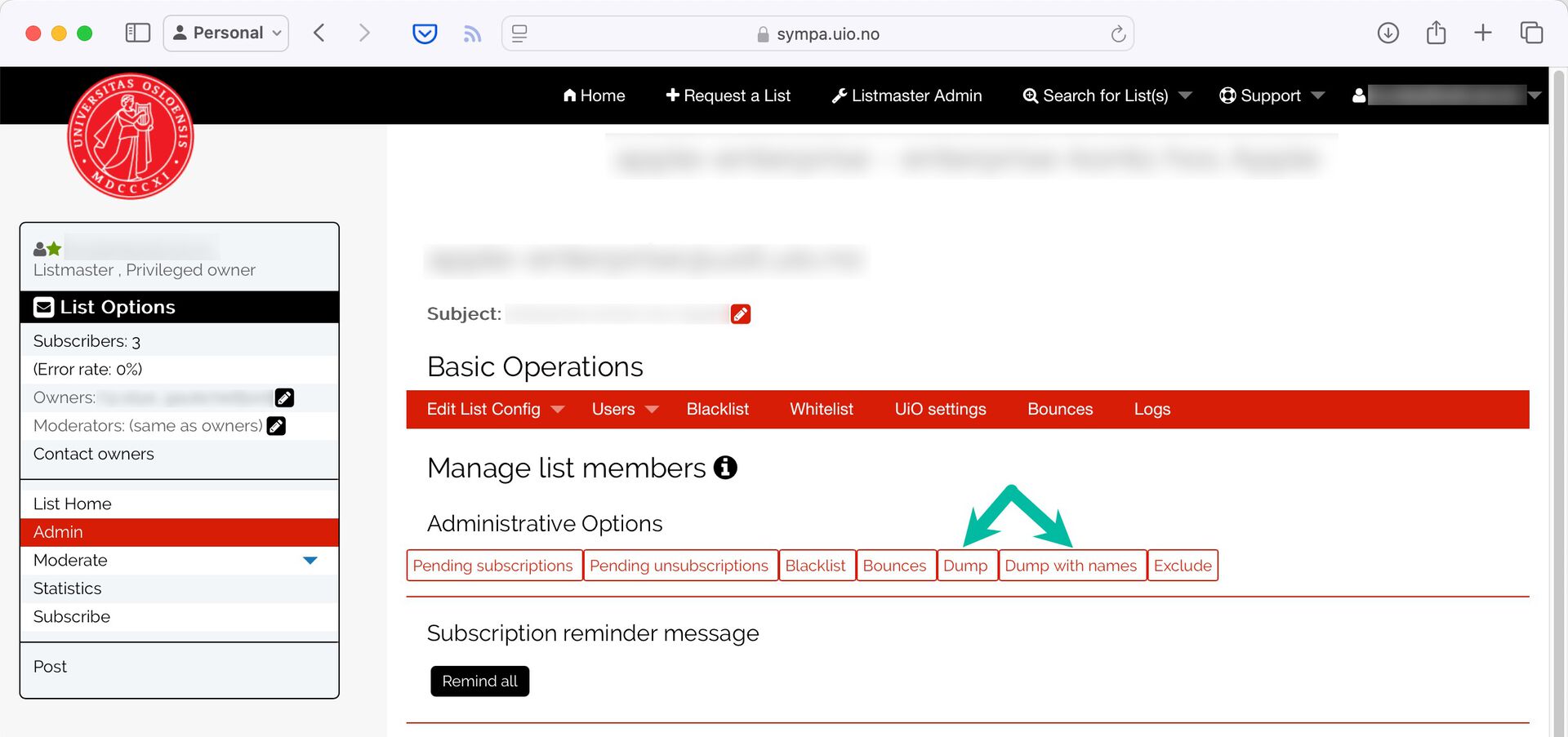 Screenshot of administative options for members of a Sympa list