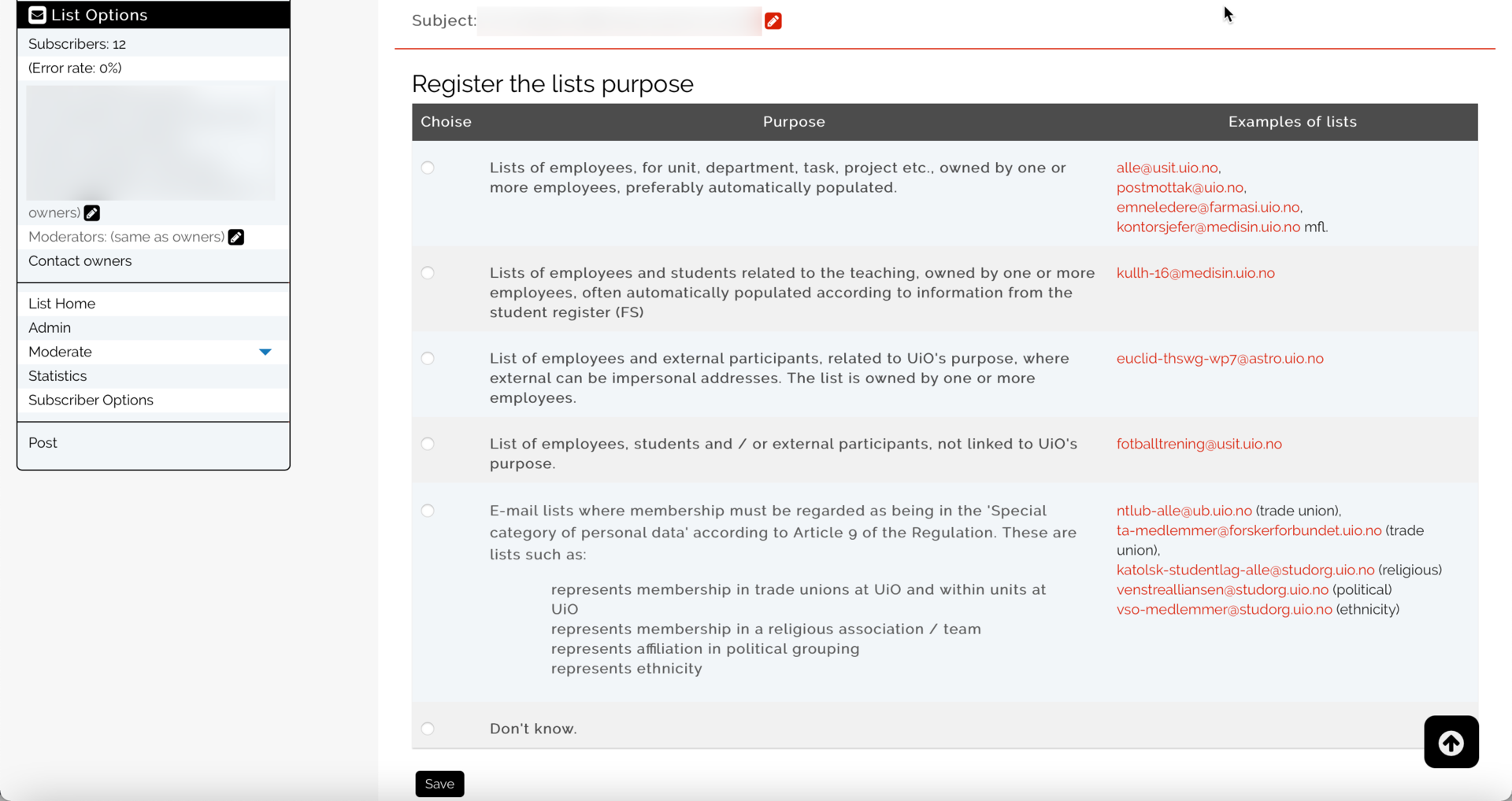 Screenshot of the Register the lists purpose
