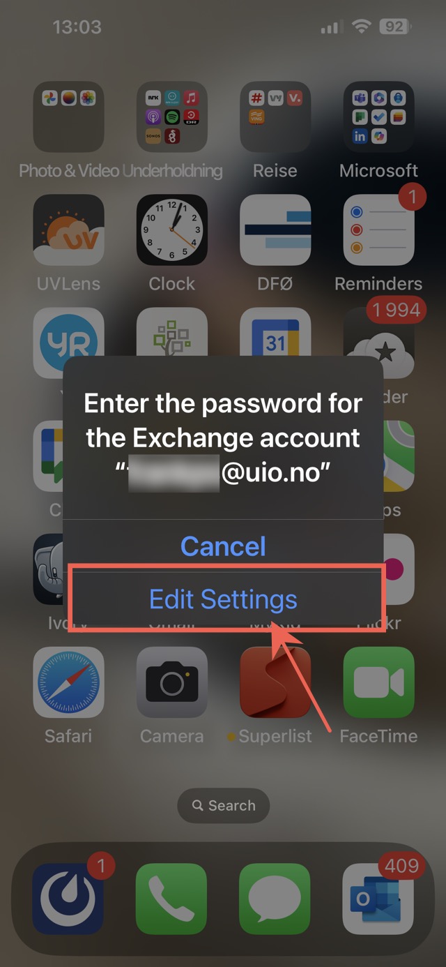 Screenshot of a message that you have to enter the password for your Exchange account