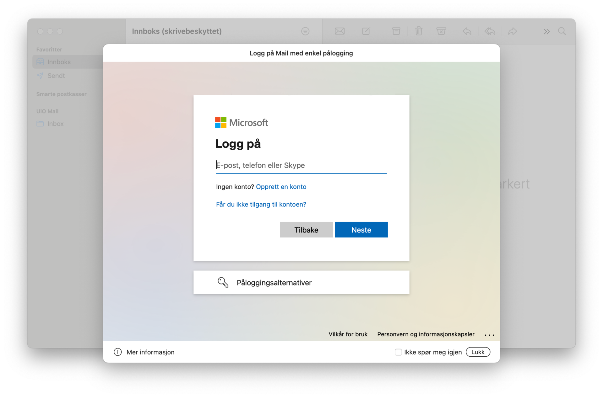 Screen shot of authentication box with the text: Log on with e-mail, and authenticate as promted.