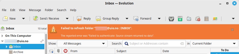 Screenshot of error message in Evolution when mailbox has been migrated to the cloud