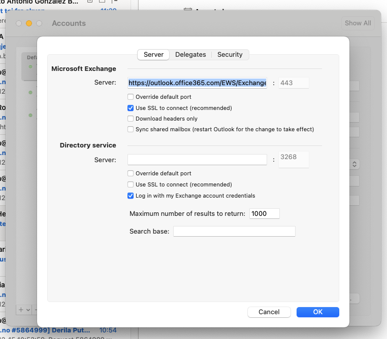 Screenshot of the new, updated configuration in Outlook pointing to outlook.office.com instead of mail.uio.no