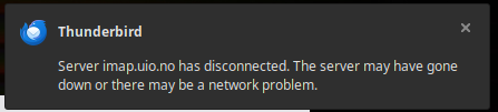 Screenshot of error message inThunderbird when mailbox has been migrated to the cloud