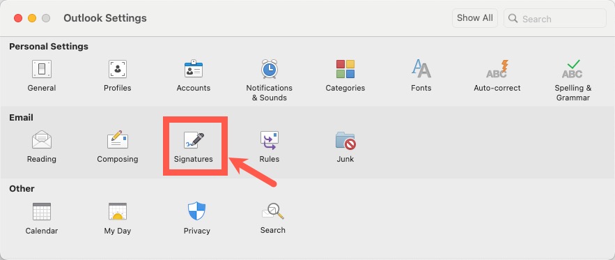 Screenshot of Settings in Outlook for Mac