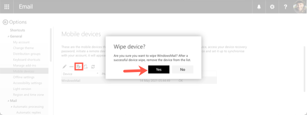 Screenshot of dialog box in OWA - Confirm wipe of mobile device