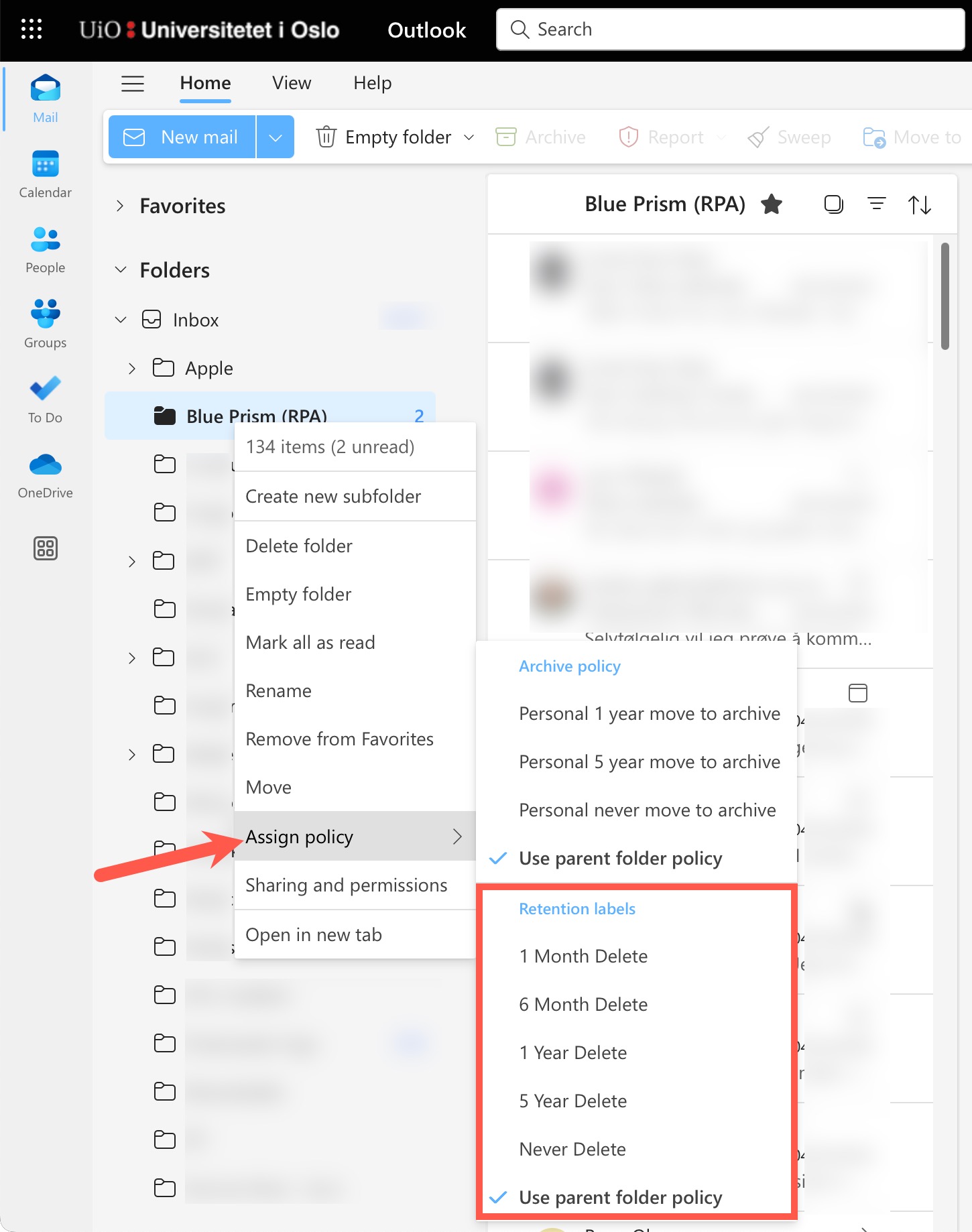 Screenshot of Retention labels in OWA