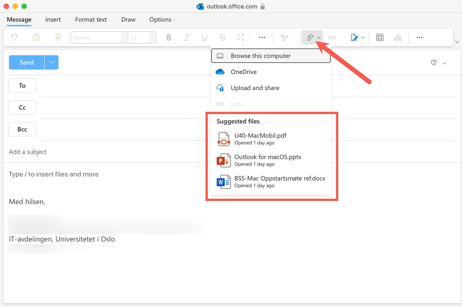 Screenshot of suggested files under attachment menu in OWA
