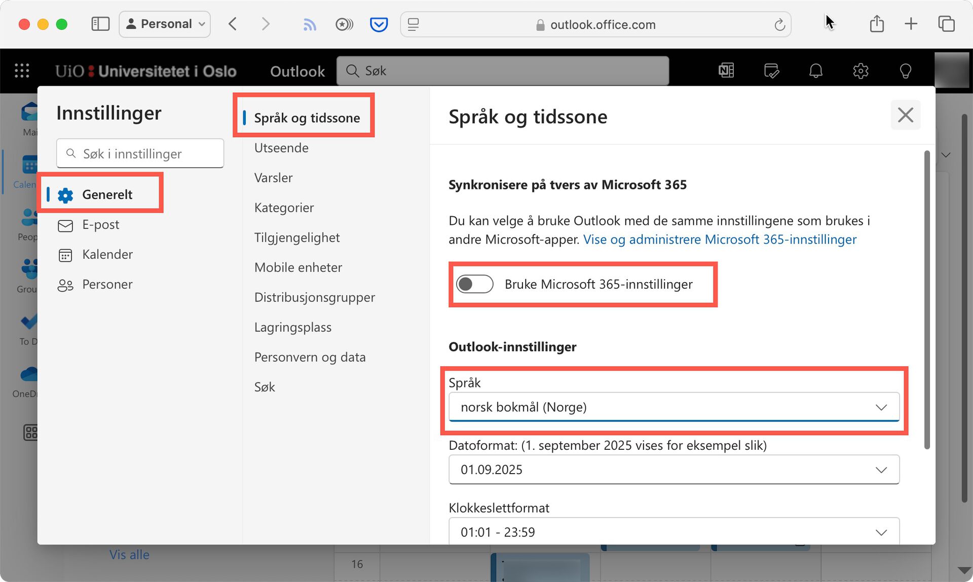 Screenshot of Language settings in OWA