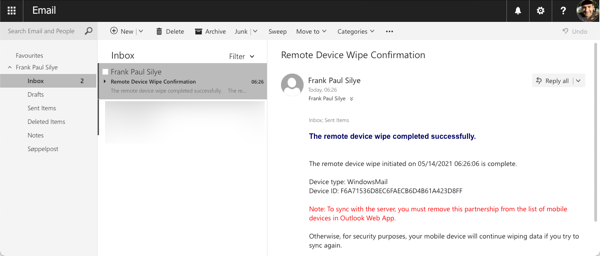 Screenshot of email confirming that remote wipe is completed