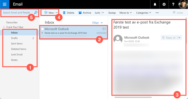Screenshot of important elements of the Email window in OWA
