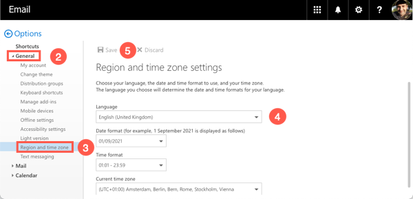 Screenshot of Region and Time Zone settings - Language in OWA