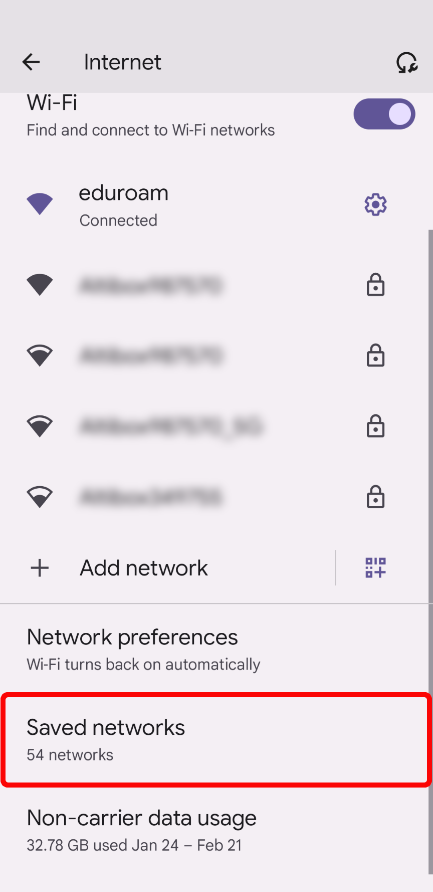 The "Saved Networks" option marked