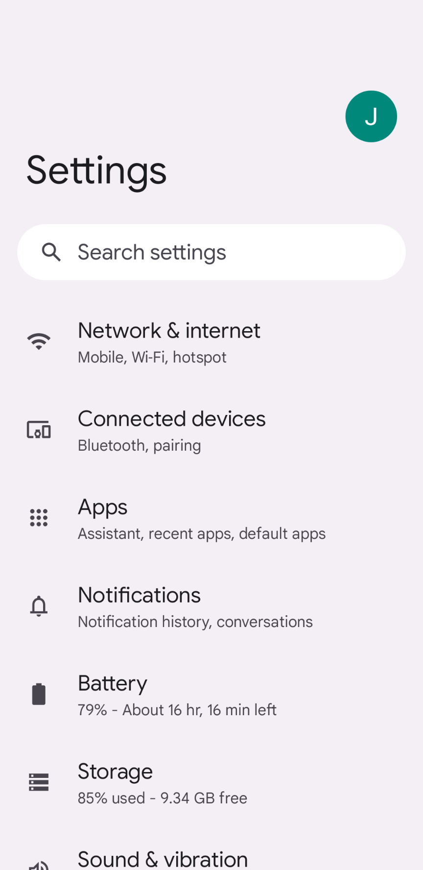 Android settings opened