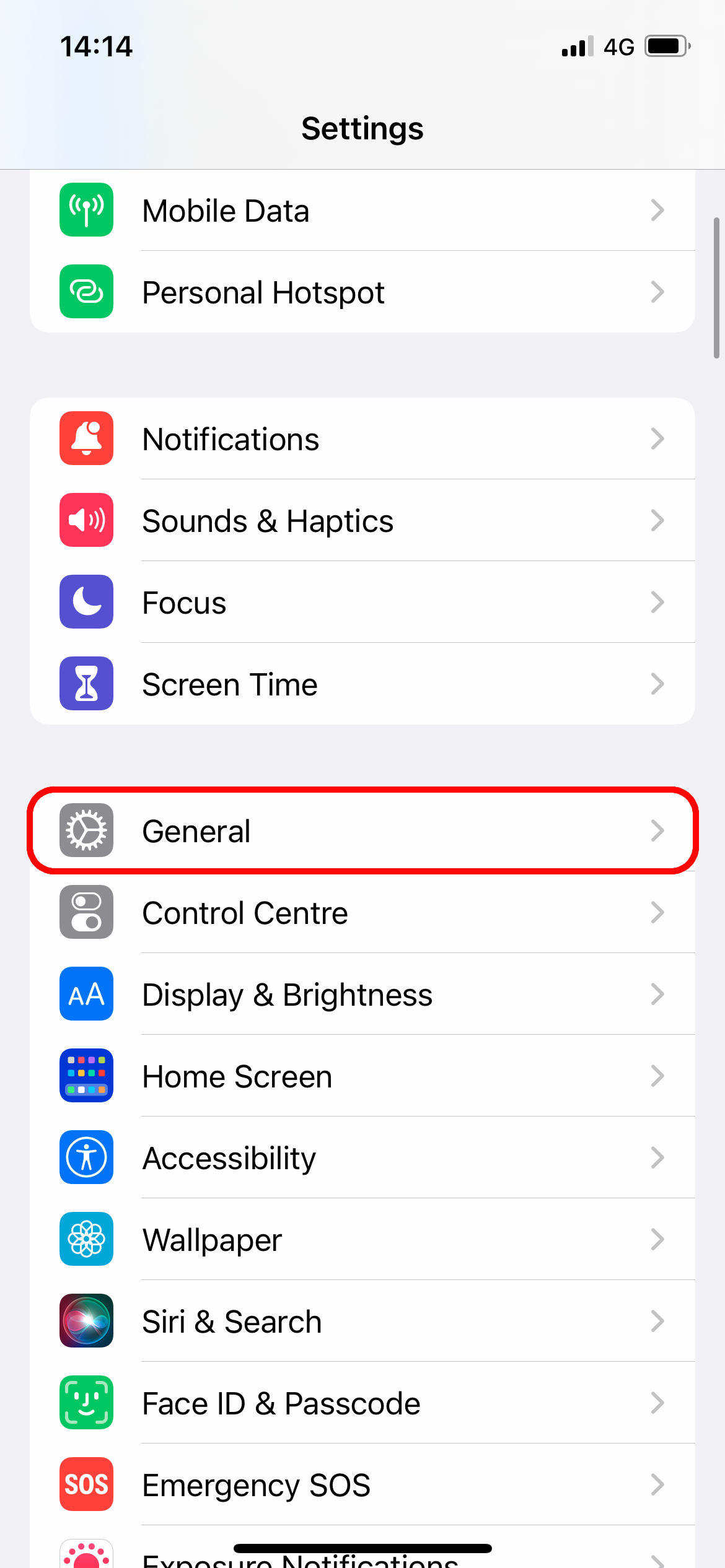 The "General" option marked