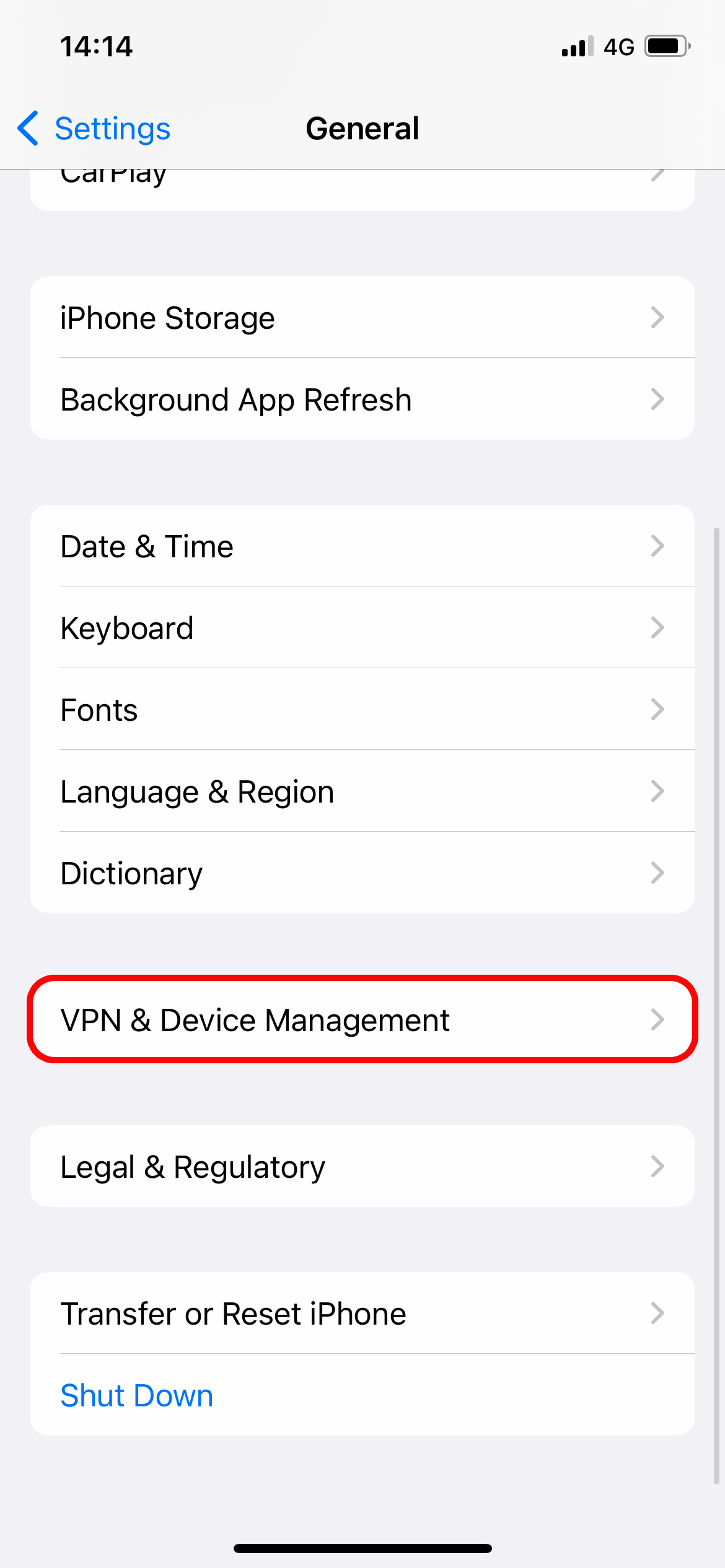 VPN & Device Management option marked
