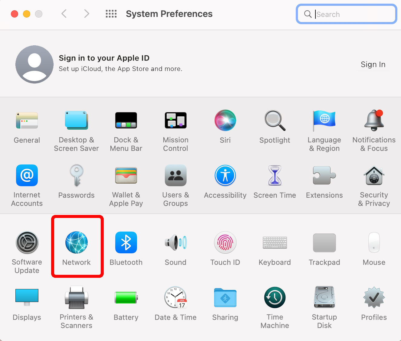 The "Network" option marked