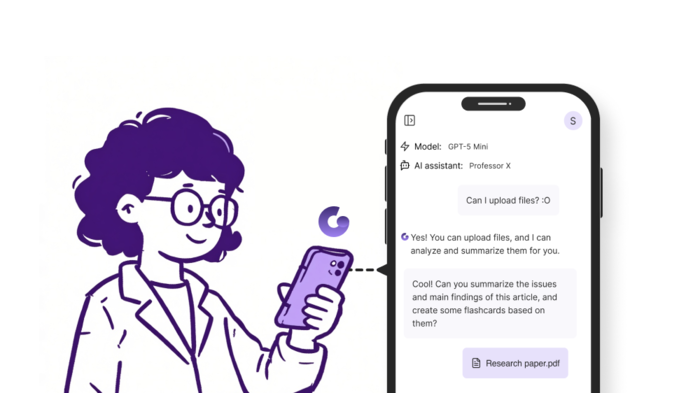 Drawing og a woman with at cell phone. On the screen we se interaction with an AI assistant