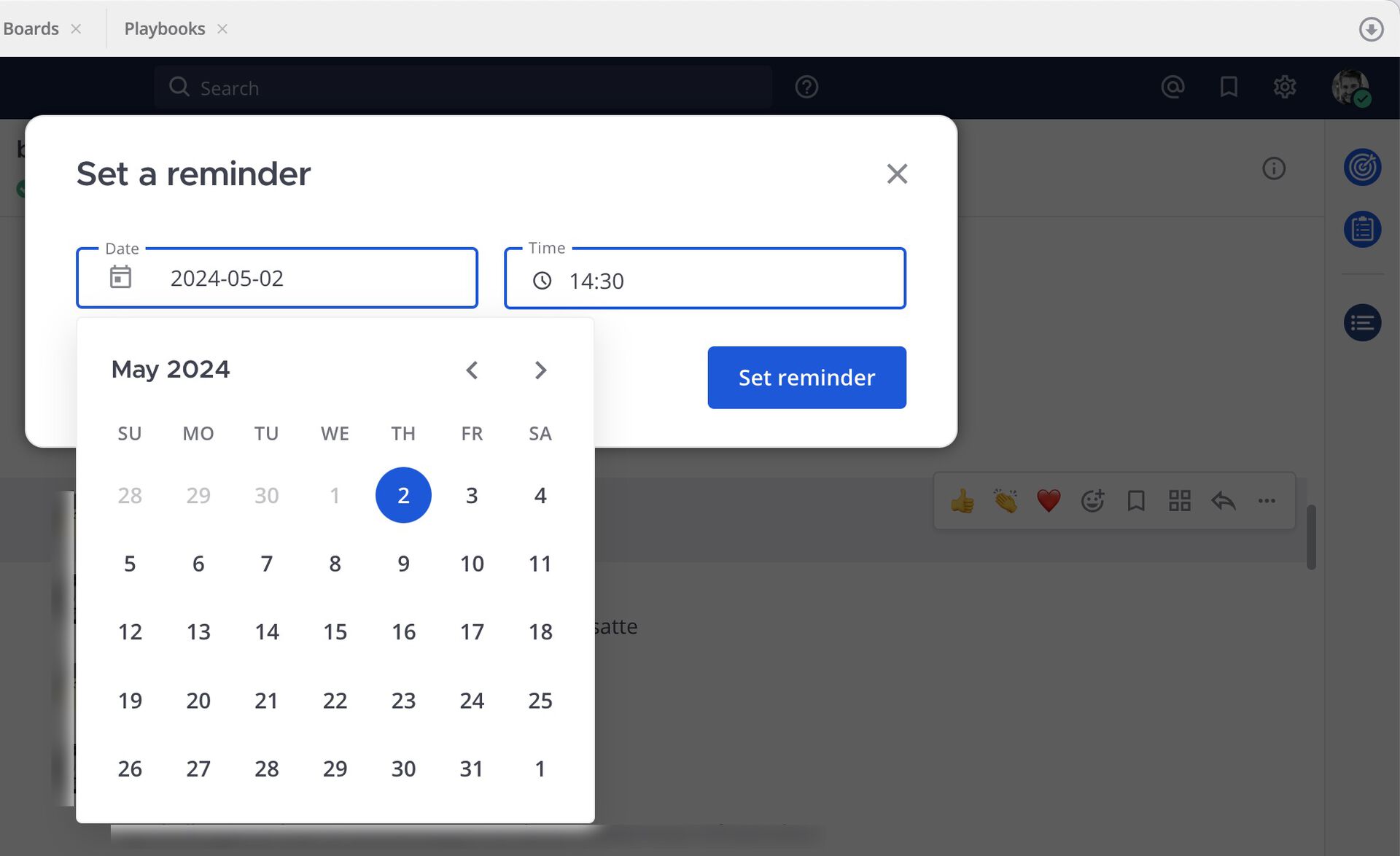 Screenshot of the custom Remind with Date and Time picker