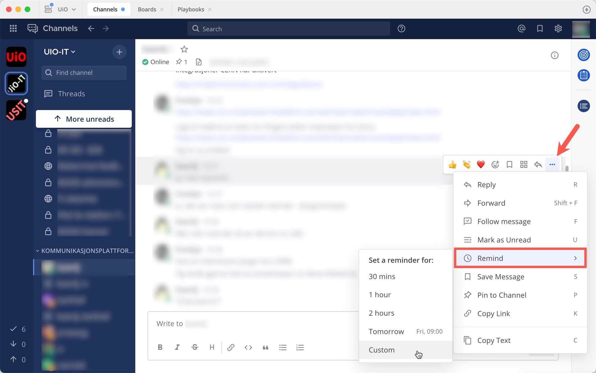 Screenshot of the Remind Me Later function menu in Mattermost