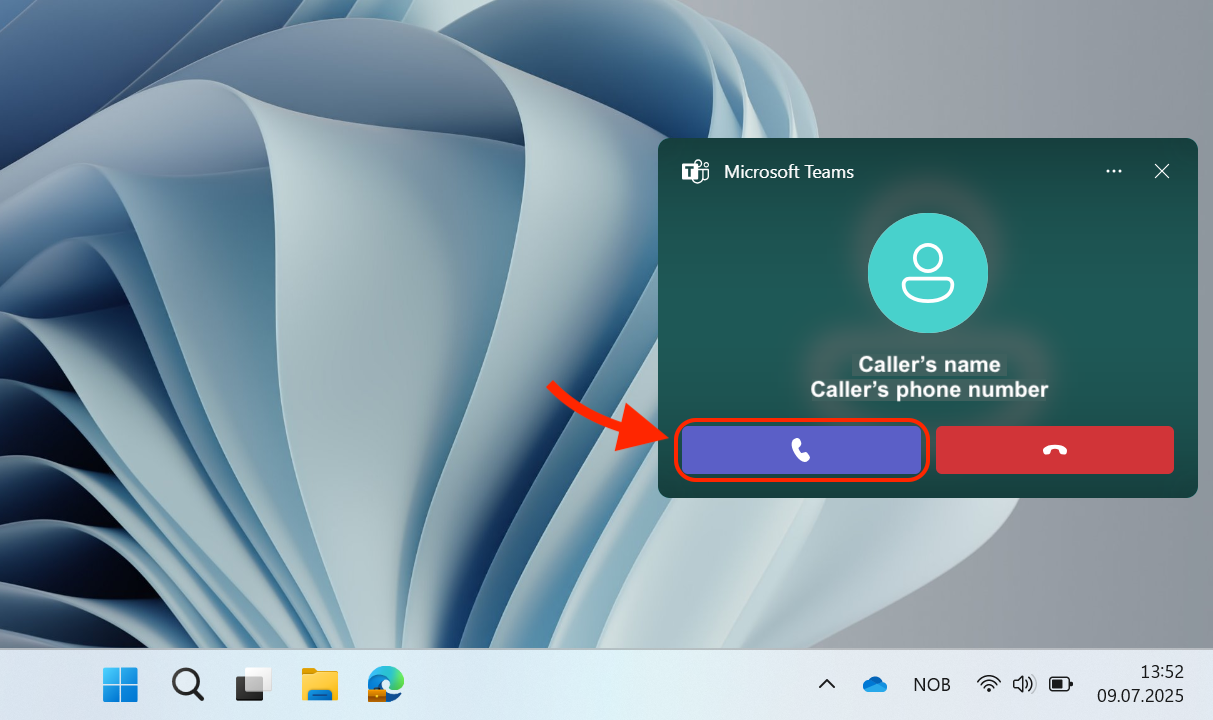 Image of a computer screen with a incoming caller notification on the left of the screen, with a red ring around the yellow accept-button