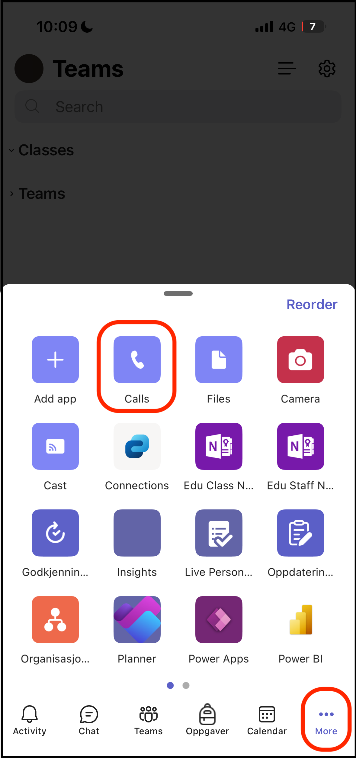 Image of the Teams app on mobile where the more-option is clicked and there is a red ring around the button for Calls