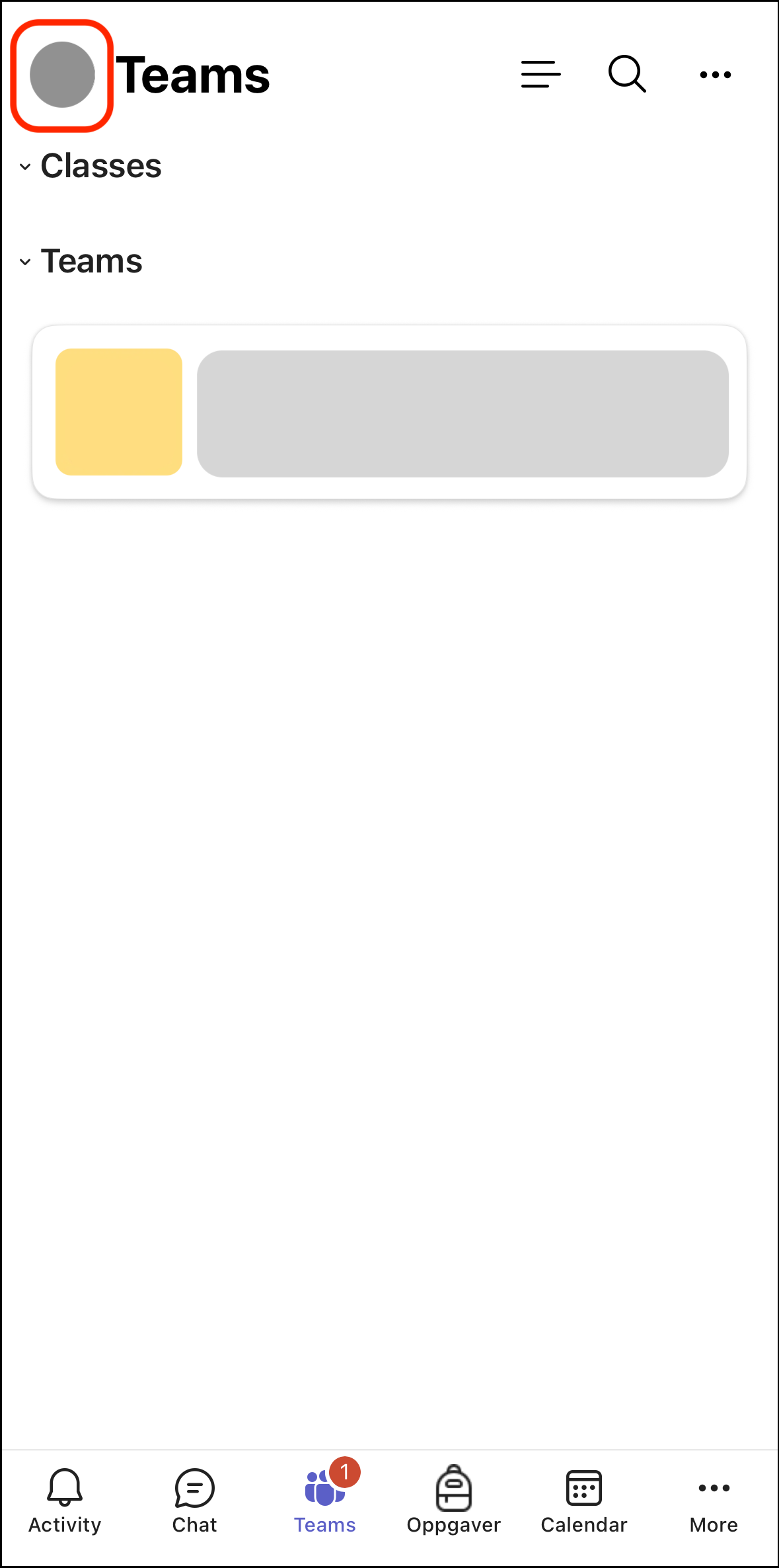 Image of the Teams app on mobile, with a red circle around and an arrow pointing to your profile picture