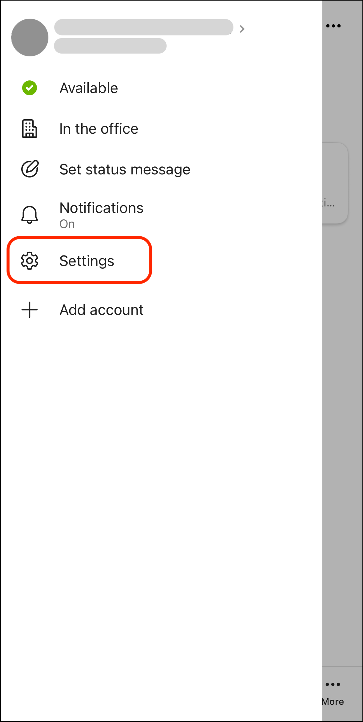 Image of the side menu in the Teams app on mobile, with a red circle around the settings button