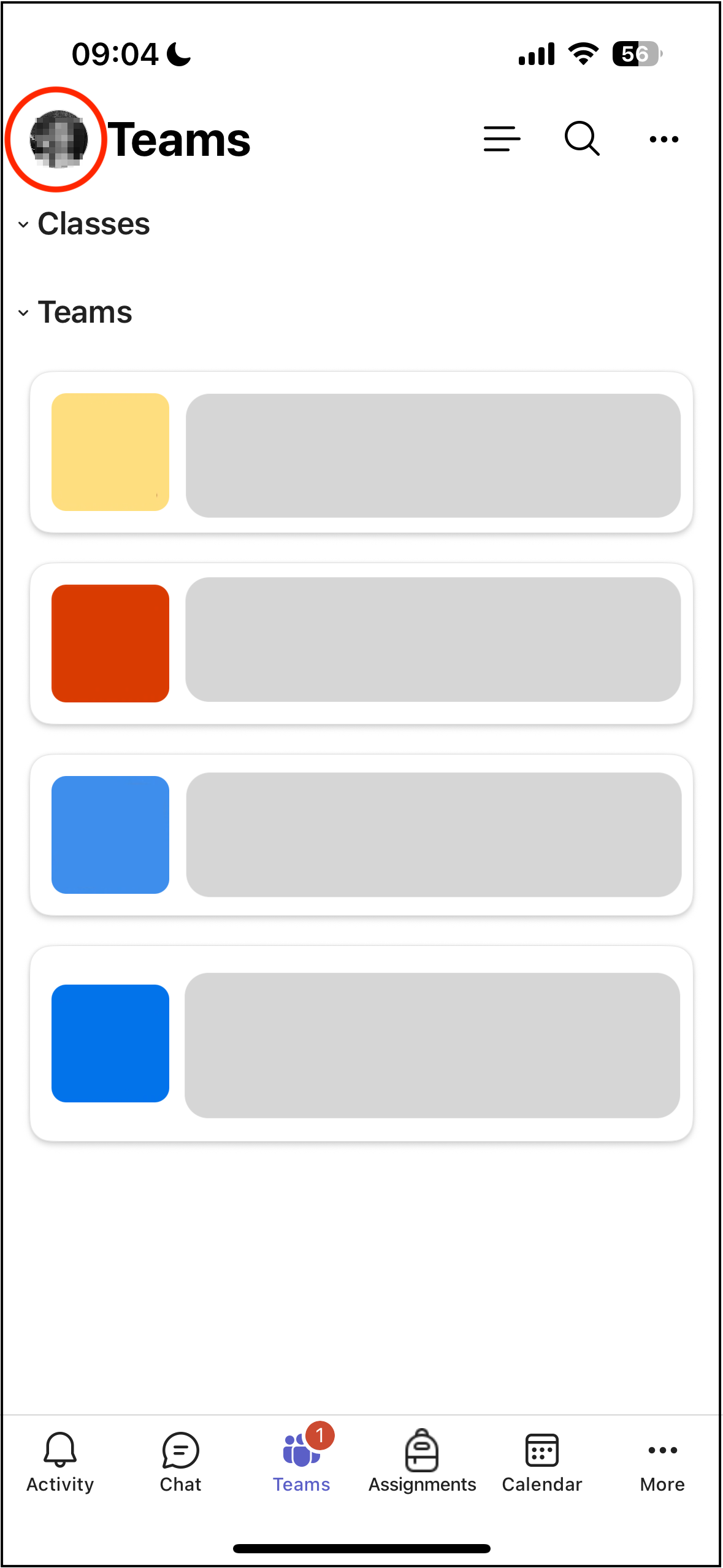 Screenshot of the Teams mobile app, with a circle around the profile picture in the top left corner